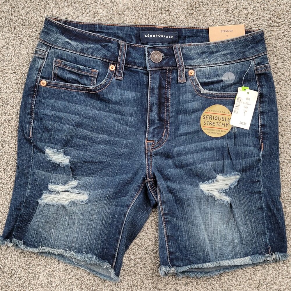 NEW Aeropostale Distressed Bermuda Shorts Women 2 Blue Ripped Denim